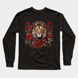 majestic lion surrounded by vibrant red roses Long Sleeve T-Shirt